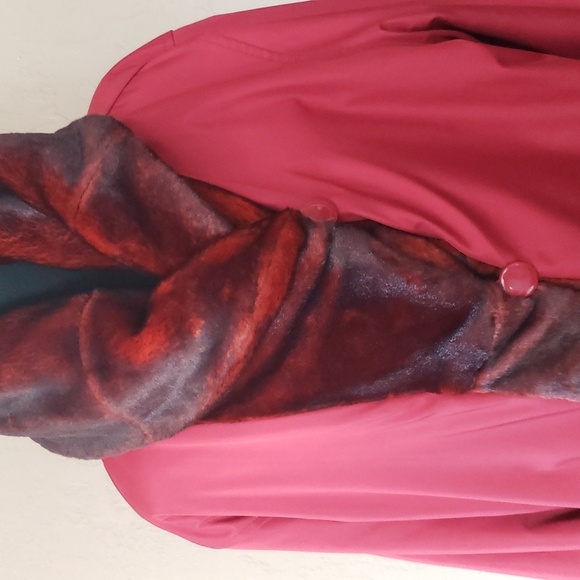 Dennis Basso Red Faux Fur Reversible Coat With Hood - Picture 4 of 9